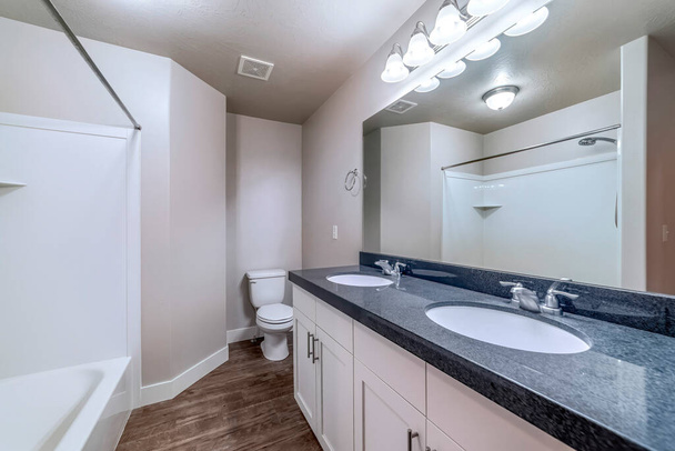 Cuarto de baño con bañera frente a tocador con doble lavabo oval y espejo - Foto, Imagen