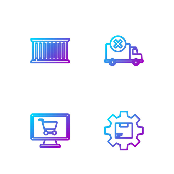 Set line Gear wheel with package box, Shopping cart on computer, Container and Delivery cargo truck vehicle. Gradient color icons. Vector. - Vector, Image