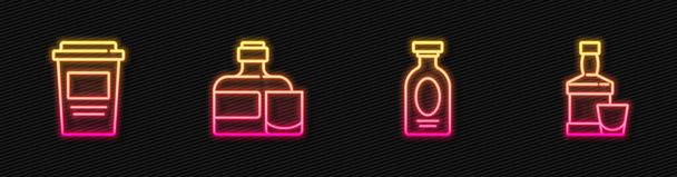 Set line Alcohol drink Rum, Coffee cup to go, Whiskey bottle and glass and . Glowing neon icon. Vector. - Vector, Image