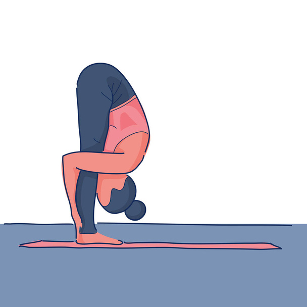 Jong meisje doet yoga oefeningen, voorwaarts vouwen pose, voorwaarts bochten, vallen. Staande joga oefening op een mat. - Vector, afbeelding
