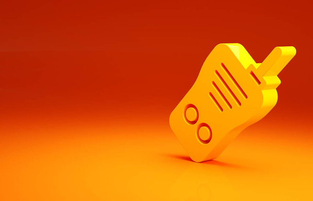 Żółta ikona krótkofalówki odizolowana na pomarańczowym tle. Przenośny nadajnik radiowy. Nadajnik radiowy. Koncepcja minimalizmu. Ilustracja 3D 3D renderowania - Zdjęcie, obraz