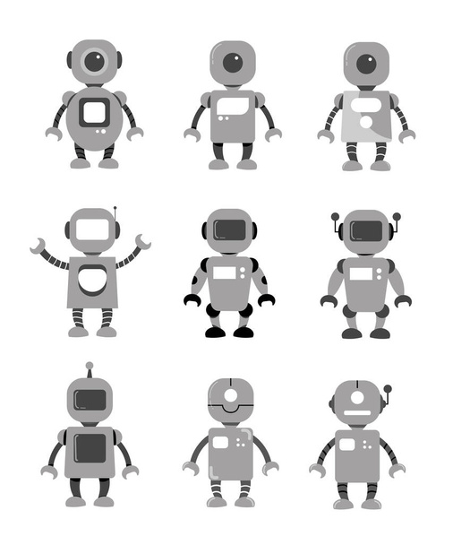 Conjunto de caracteres robóticos eletrônicos de prata. Mascote Android. Personagem simples ciborgue. Coleção de caracteres robóticos planos - Vetor, Imagem