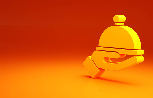 Žlutá Pokrytá tácem s ikonou jídla izolovanou na oranžovém pozadí. Podnos a víko. Restaurace Cloche s víkem. Minimalismus. 3D ilustrace 3D vykreslení - Fotografie, Obrázek