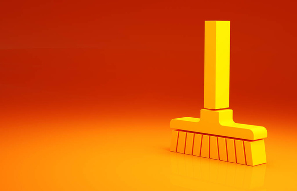 Sárga nyél seprű ikon elszigetelt narancs alapon. Takarítási szolgáltatás koncepció. Minimalizmus koncepció. 3d illusztráció 3D render - Fotó, kép