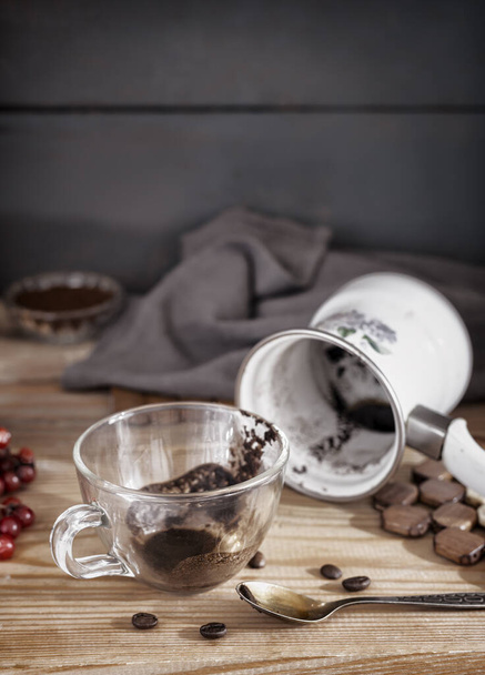 A dirty coffee Cup and saucer and a coffee mug. - Photo, Image