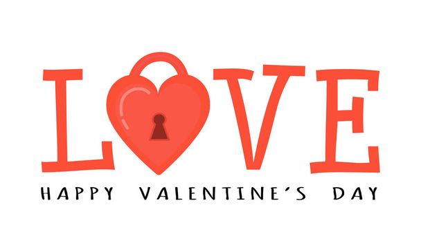 Cute Love logo nápis s visacím zámkem ve tvaru srdce. Šťastný Valentýn - text. Valentýn, náklonnost, svatba, vzorový přání k výročí. Romantický roztomilý vektorový klip art izolované na bílém. - Vektor, obrázek
