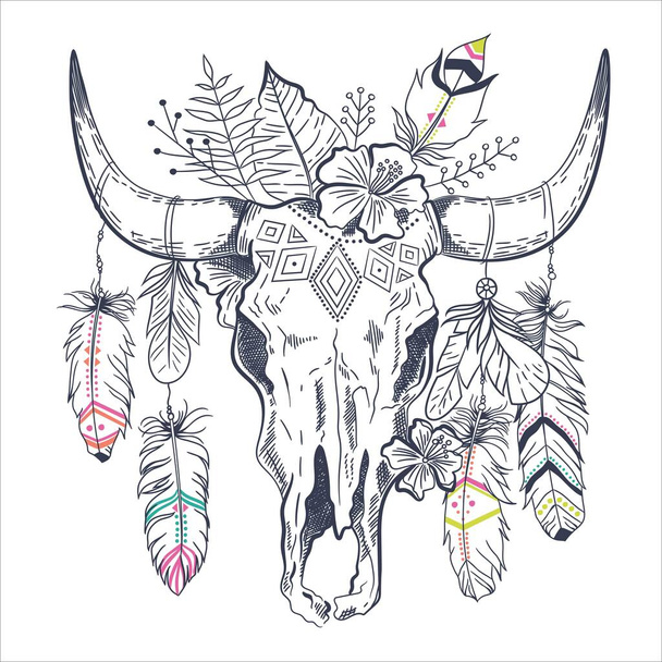 Cráneo de toro boho chic, étnico, nativo americano o mexicano con plumas en cuernos. Ilustración vectorial dibujada a mano tribal. Póster, postal, diseño de invitación - Vector, Imagen