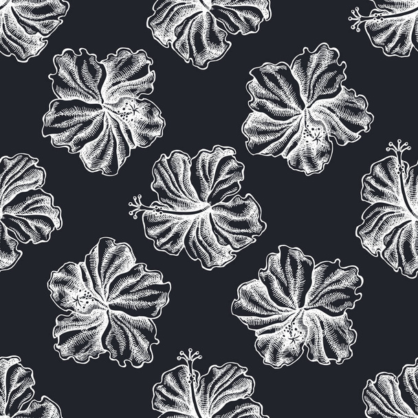 Seamless pattern with hand drawn chalk hibiscus - Vektor, Bild