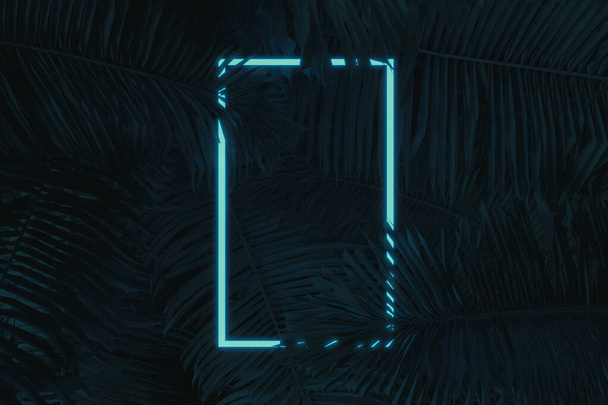 3d rendering of white rectangle neon light with tropical leaves.. Flat lay of minimal nature style concept - Foto, Bild