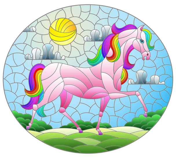 Ilustración en estilo vitral con un fabuloso caballo brillante sobre un fondo de campos y un cielo nublado con el sol, imagen oval - Vector, Imagen