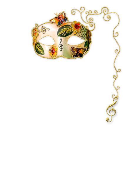 Carnival party, vertical background for design.Musical carnival mask with golden treble clef, butterflies and flowers on white paper background with copy space, vertical image. - Photo, Image