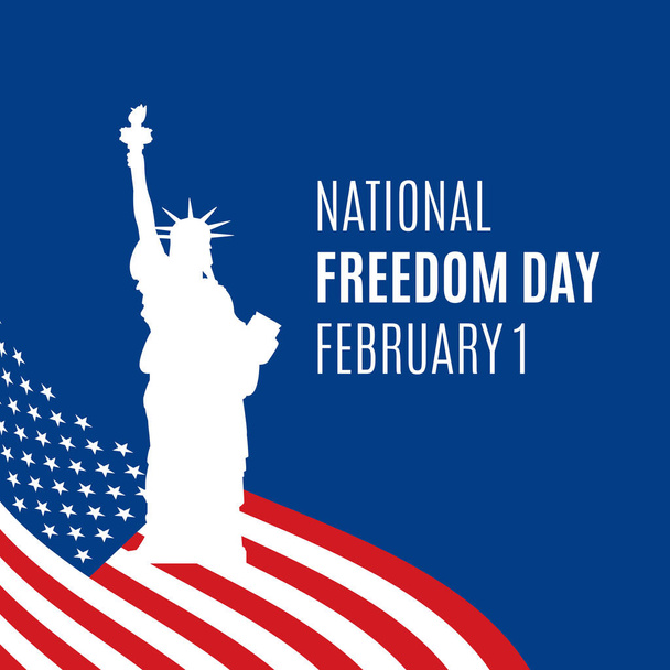 Αφίσα Εθνικής Ελευθερίας με αμερικανική σημαία και διάνυσμα αγάλματος ελευθερίας. Άγαλμα της ελευθερίας διάνυσμα εικονίδιο σιλουέτα. Αμερικανική σημαία διάνυσμα σχήμα. Ημέρα Ελευθερίας, 1η Φεβρουαρίου. Σημαντική μέρα - Διάνυσμα, εικόνα