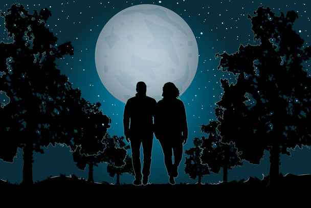 Verliebtes Paar, das im Mondschein spazieren geht. Paar beim gemeinsamen Spaziergang im Park. Valentinstag. Glückliche Liebhaber. Romantische Silhouette eines verliebten Paares in der Valentinsnacht. Mann und Frau in der Nachtszene. Illustration eines Aktienvektors - Vektor, Bild