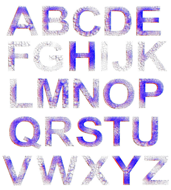 Color shifted effect alphabet.Grunge cracked letters isolated on white background. - Photo, Image