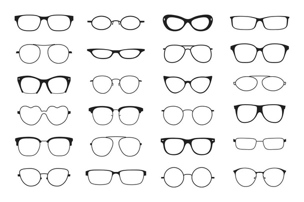 Szemüveg sziluett. Hipster kocka optikai retro keretek. Fekete műanyag sziluettek. Vintage és kortárs szemüveg, vektor régi és modern divat szemüveg elszigetelt illusztráció - Vektor, kép