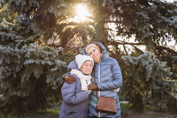 Un par de mujeres maduras caucásicas y mujeres mayores están felices de pasar tiempo juntos en las vacaciones de Navidad y Año Nuevo, sonriendo y abrazándose en el bosque sobre el fondo del abeto en un clima soleado. - Foto, Imagen