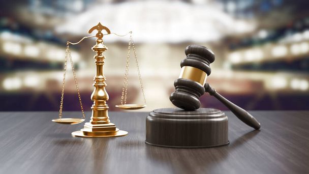 Судьи Гавел и Шрам Правосудия на черном деревянном фоне, вид сверху. Концепция права. 3d-рендеринг - Фото, изображение