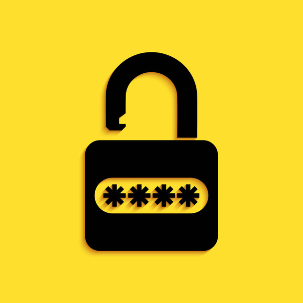 Black Password protection and safety access icon isolated on yellow background. Ícone de bloqueio. Segurança, segurança, proteção, conceito de privacidade. Estilo de sombra longo. Vetor. - Vetor, Imagem