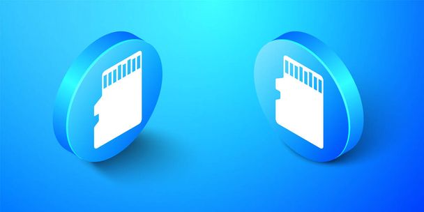 Isometric Micro SD memory card icon isolated on blue background. Blue circle button. Vector. - Vector, Image