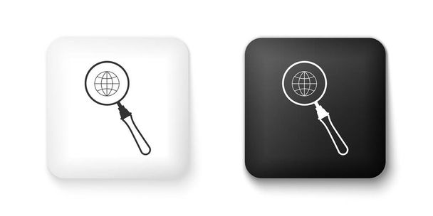 Black and white Magnifying glass with globe icon isolated on white background. Analyzing the world. Global search sign. Square button. Vector. - Vector, Image