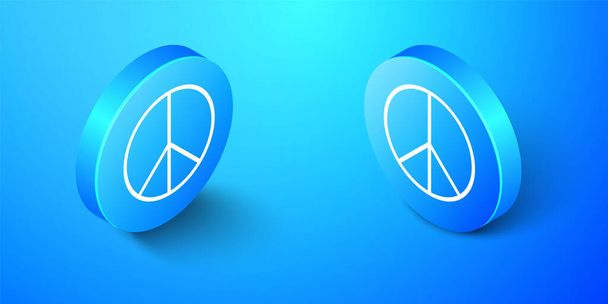 Ισομετρική εικόνα συμβόλων ειρήνης απομονωμένη σε μπλε φόντο. Χίπη σύμβολο της ειρήνης. Κουμπί μπλε κύκλου. Διάνυσμα. - Διάνυσμα, εικόνα