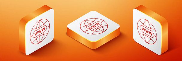 アイソメトリックオレンジの背景にあるWebアイコンに移動します。ウォーアイコン。ウェブサイトピクトグラム。世界中のウェブシンボル。あなたのウェブサイトのデザイン、アプリのためのインターネットシンボル。オレンジの四角形のボタン。ベクトル. - ベクター画像