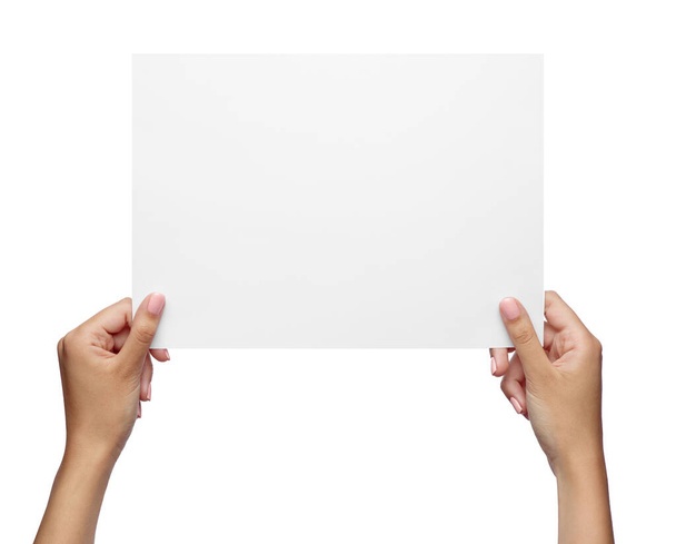 close up of  a female hand holding blank note card sign on white background - Photo, Image