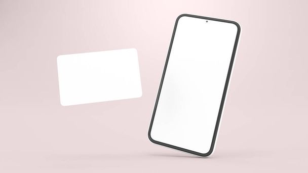 Teléfono móvil genérico y maqueta de tarjeta de crédito en renderizado 3D realista. Pantalla en blanco y plantilla de diseño. Concepto de compras online - Foto, Imagen