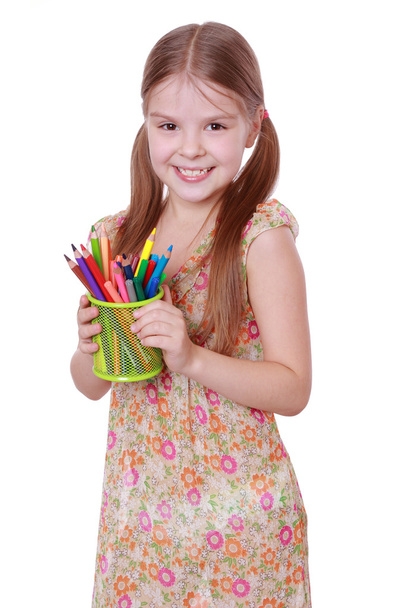 Girl with colorful pencils - Fotoğraf, Görsel