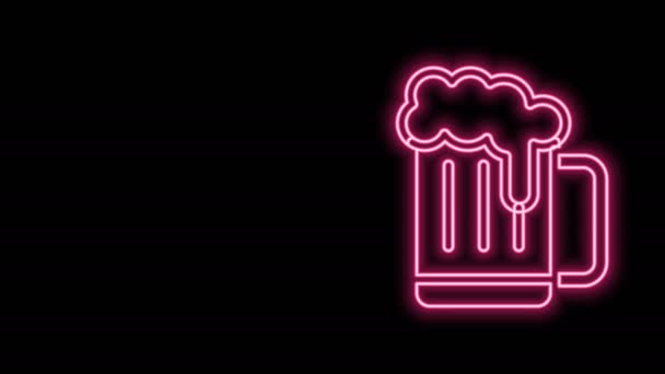 Gloeiende neon lijn Houten bierbeker icoon geïsoleerd op zwarte achtergrond. 4K Video motion grafische animatie - Video