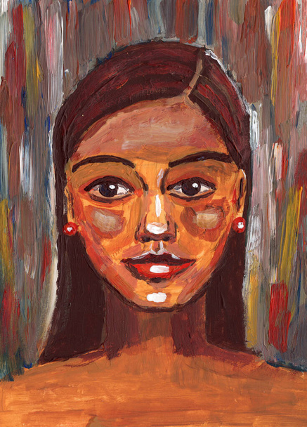 Ζωγραφισμένο στο χέρι πορτρέτο του κοριτσιού. Ηλικίας 18-25. Λατινοαμερικάνικη νεαρή κοπέλα. Καστανά μαλλιά. Σκούρο κίτρινο δέρμα. Ακρυλική ζωγραφική, λάδι και γκουάς. Υφή διακοσμητικό φόντο. Πρότυπο για αφίσες και κάρτες - Φωτογραφία, εικόνα