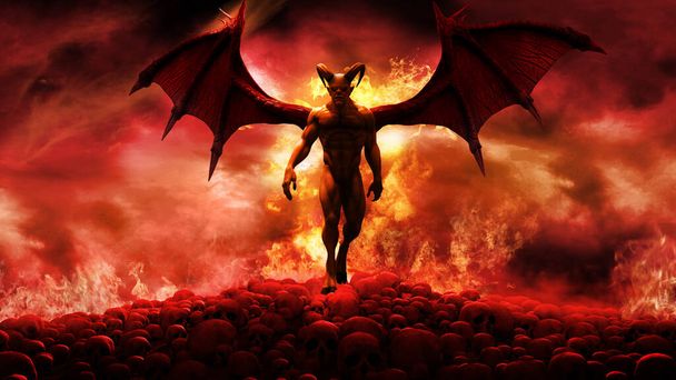 Cenário de fantasia com diabo, crânios e chamas - Foto, Imagem