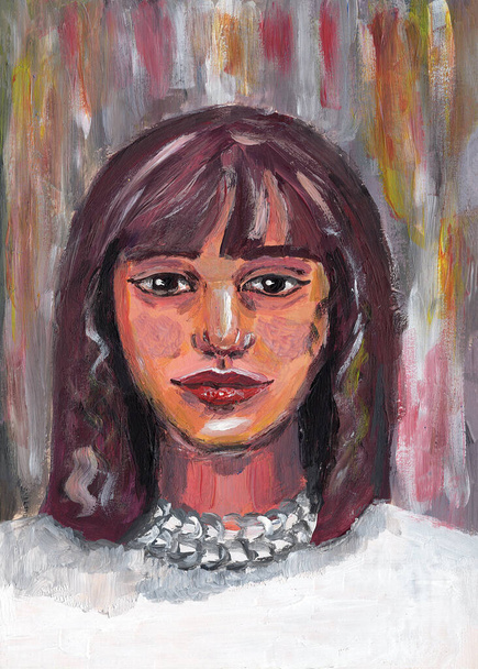 Kézzel rajzolt portré a lányról. 18-25 éves. Ázsiai fiatal hölgy. Barna, vállig érő haj. Rózsaszín bőr. Akril, olaj és gouache festés. Texturált dekoratív háttér. Plakátokhoz és képeslapokhoz - Fotó, kép