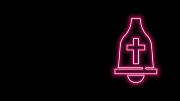 Parlayan neon hattı kilise çanı simgesi siyah arka planda izole edildi. Alarm sembolü, servis zili, el zili işareti, uyarı sembolü. 4K Video hareketli grafik canlandırması - Video, Çekim