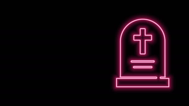 Linha de néon brilhante Tombstone com ícone de cruz isolado no fundo preto. Ícone de túmulo. Feliz festa de Halloween. Animação gráfica em movimento de vídeo 4K - Filmagem, Vídeo