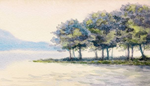 Handmade bright pink watercolour paint sketch haze view scene on paper backdrop card text space. Hand drawn light color cloudy heaven. Calm wild mist fall valley park creek berth artwork scenic view - Foto, Bild