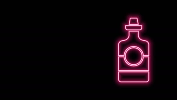 Hehkuva neon line Tequila pullo kuvaketta eristetty mustalla pohjalla. Meksikolainen alkoholijuoma. 4K Video motion graafinen animaatio - Materiaali, video