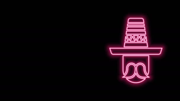 Glow néon ligne Mexicain homme portant icône sombrero isolé sur fond noir. Un hispanique avec une moustache. Animation graphique de mouvement vidéo 4K - Séquence, vidéo