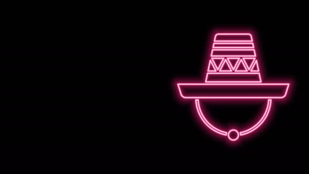 Linha de néon brilhante ícone de chapéu sombrero mexicano tradicional isolado no fundo preto. Animação gráfica em movimento de vídeo 4K - Filmagem, Vídeo