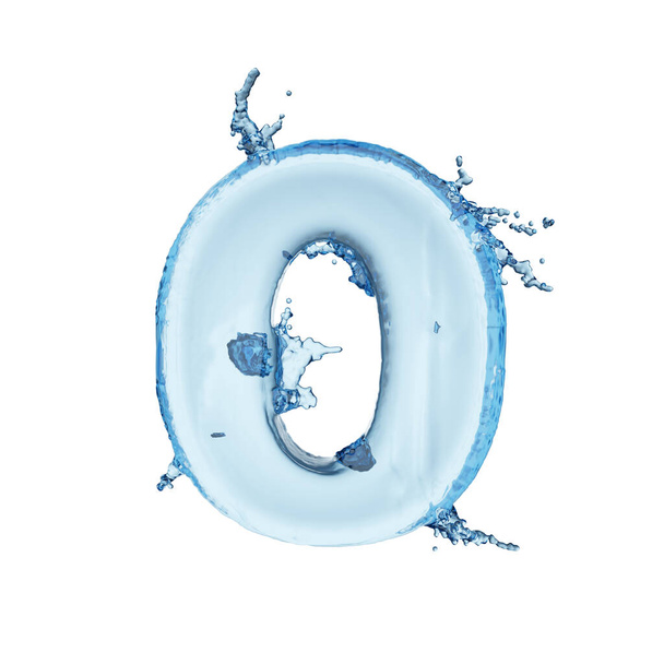 Dígito 0 alfabeto salpicadura de agua azul aislado sobre fondo blanco. Ilustración de representación 3D. - Foto, imagen