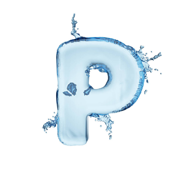 P harfi mavi su sıçrama alfabesi beyaz arkaplanda izole edilmiş. 3B resimleme. - Fotoğraf, Görsel