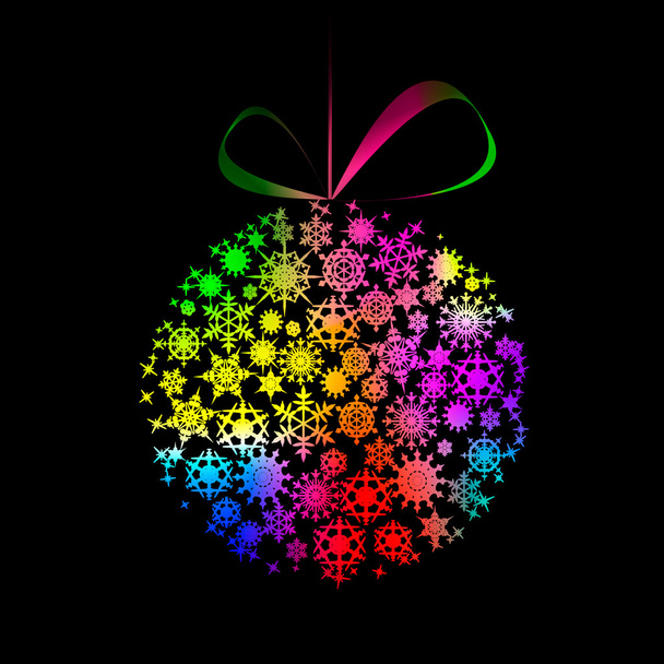 Різнокольоровий різдвяний м'яч зі сніжинками та зірками на чорному
 - Вектор, зображення