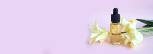 Schoonheid website banner. Drip glazen olie fles, delicate tulp bloem op roze achtergrond - Foto, afbeelding