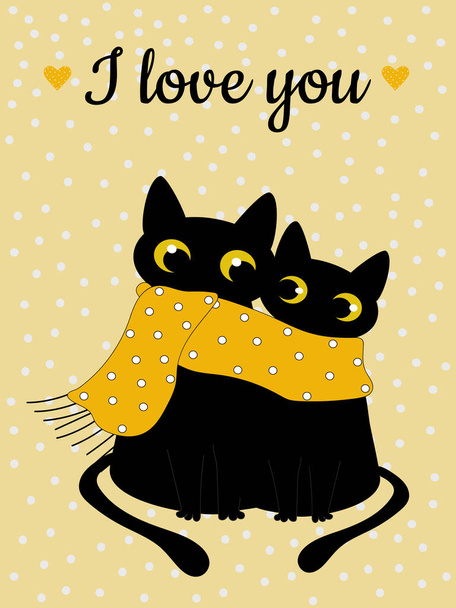 Fekete macskák szerelmesek és sárga sál pöttyökkel. Valentin napi kártya. Modell a divatos nyomatok csésze, textíliák, ruhák, notebook.  - Fotó, kép