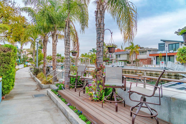 Beautiful scenery by the canal with palm trees and decks lining the walkway - Photo, Image