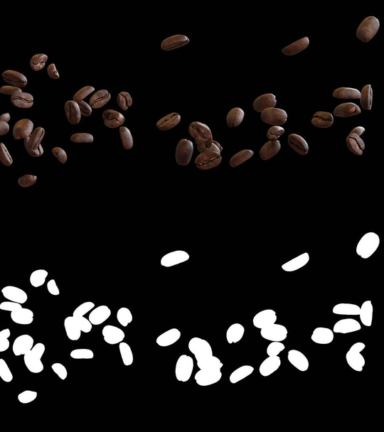 Ilustração 3D de um fluxo de grãos de café com camada alfa - Foto, Imagem