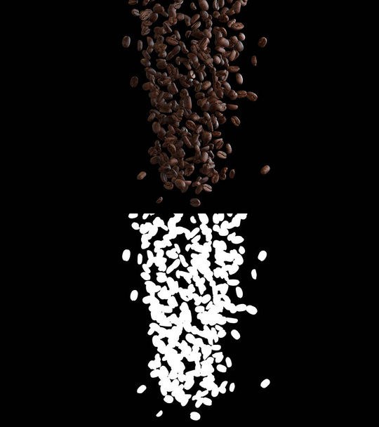 Ilustração 3D de um fluxo de grãos de café com camada alfa - Foto, Imagem