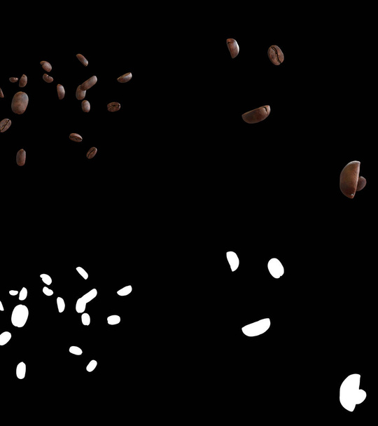 Illustration 3D d'un flux de grains de café avec couche alpha - Photo, image