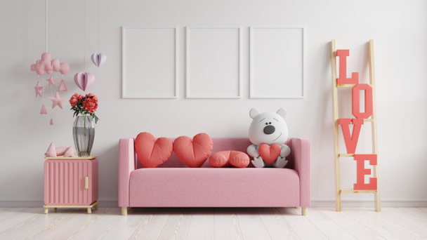 Mock up marco del cartel habitación de San Valentín interior moderno tienen sofá y decoración casera para el día de San Valentín, 3D renderizado - Foto, imagen