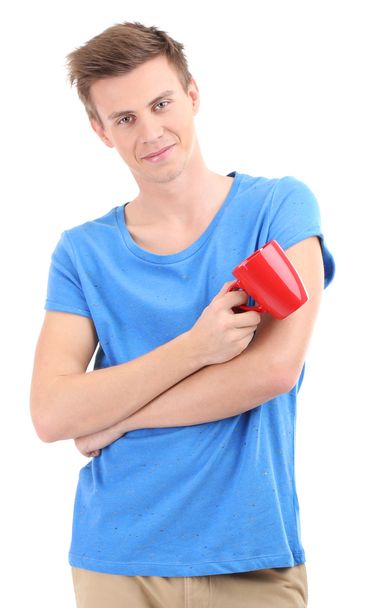 Portrait of handsome young man with cup, isolated on white - Φωτογραφία, εικόνα